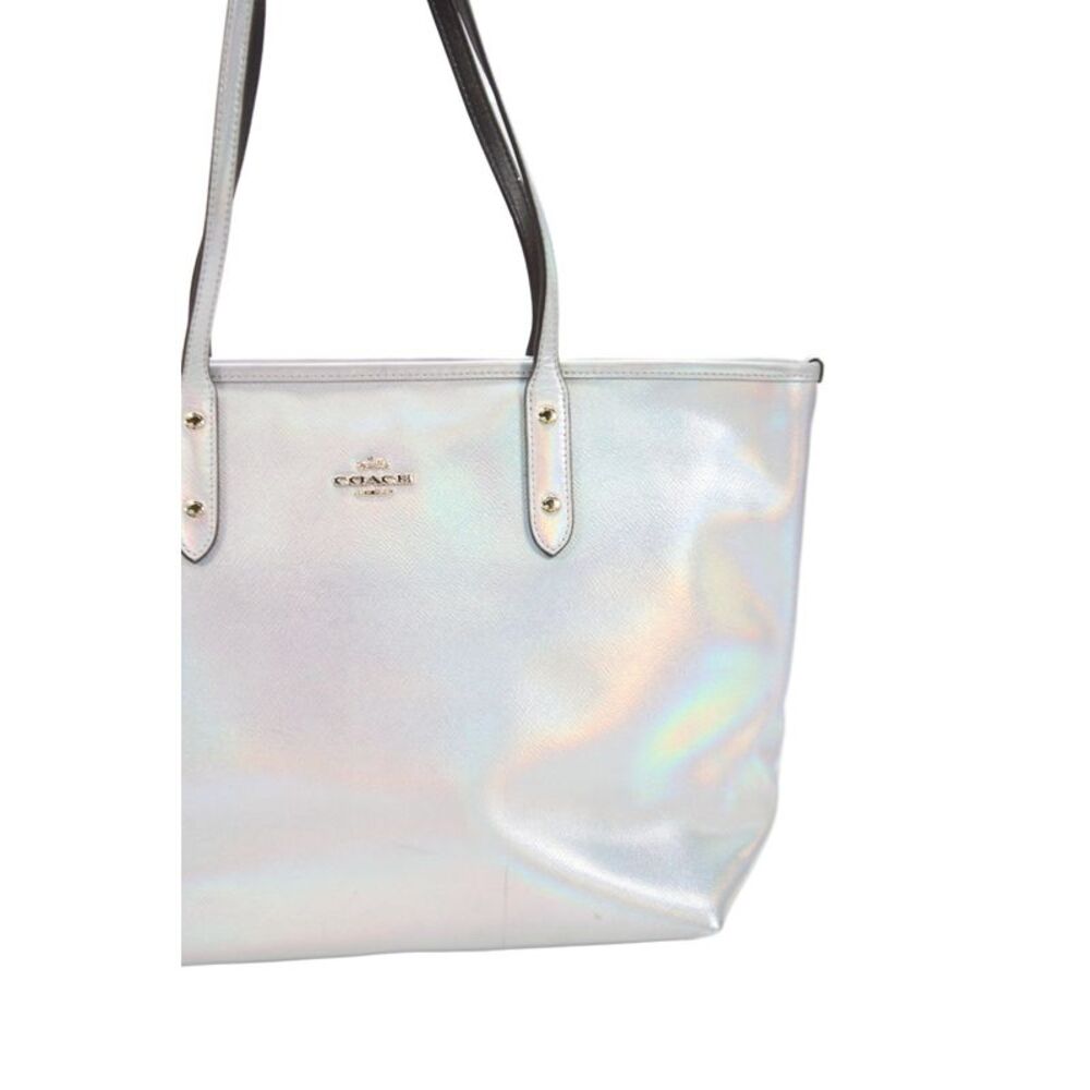 Coach Womens Leather Metallic Top Handle Tote Handbag Silver - Picture 2 of 11